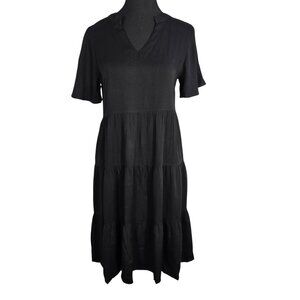 NWT | HeJoy Black Tiered V-Neck Midi Dress | Relaxed Fit | Small